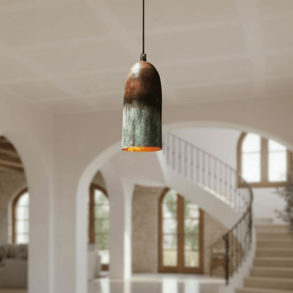 Verdigris Copper Cylinder Pendant – Tall Green Patina Ceiling Fixture - Brass For Homes - 