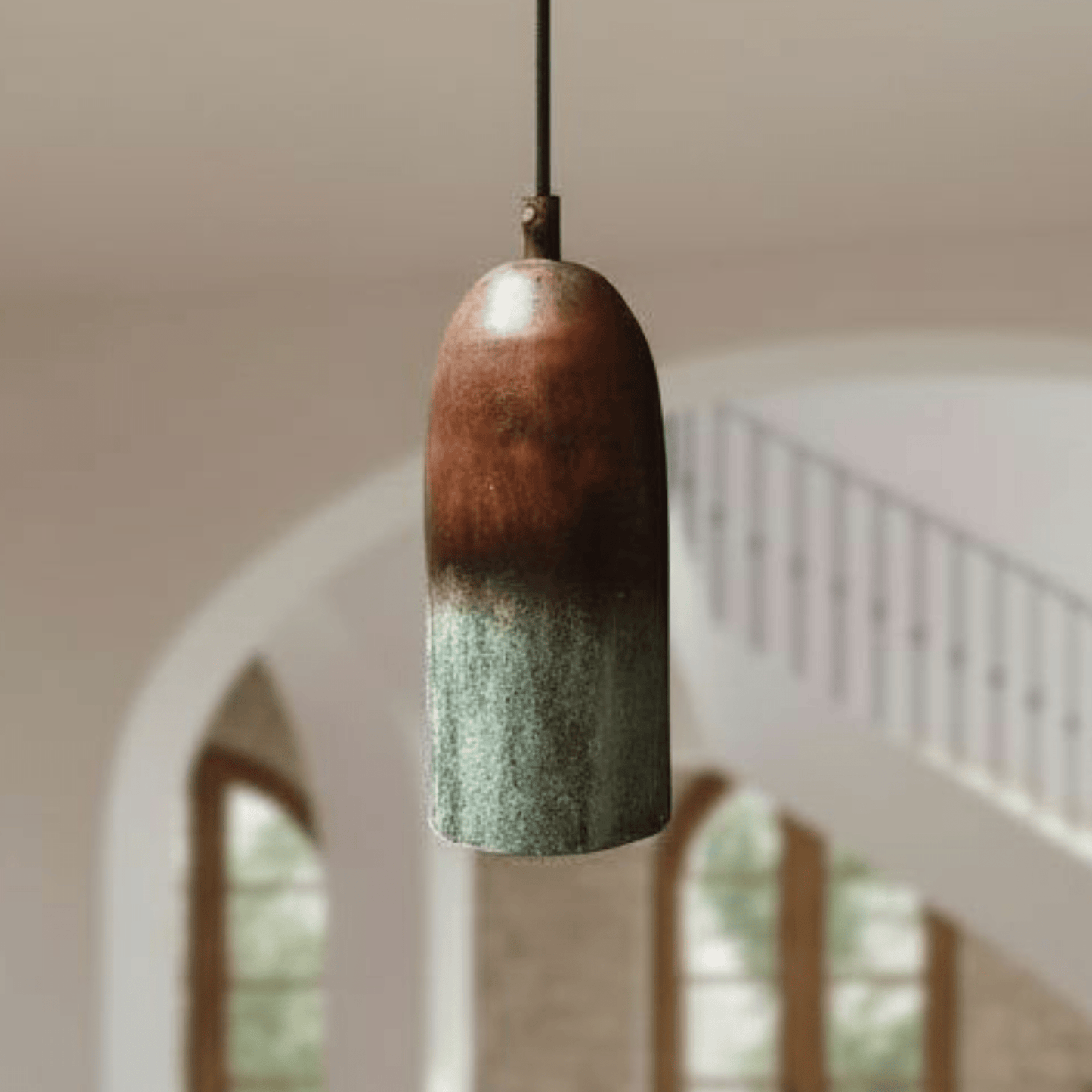 Verdigris Copper Cylinder Pendant – Tall Green Patina Ceiling Fixture - Brass For Homes - 