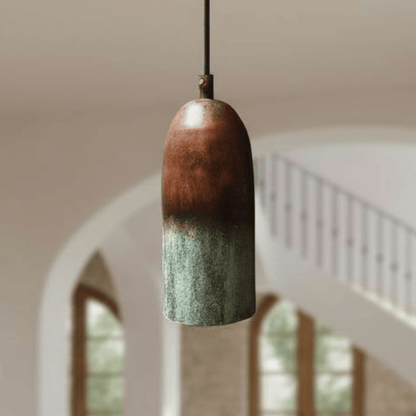 Verdigris Copper Cylinder Pendant – Tall Green Patina Ceiling Fixture - Brass For Homes - 