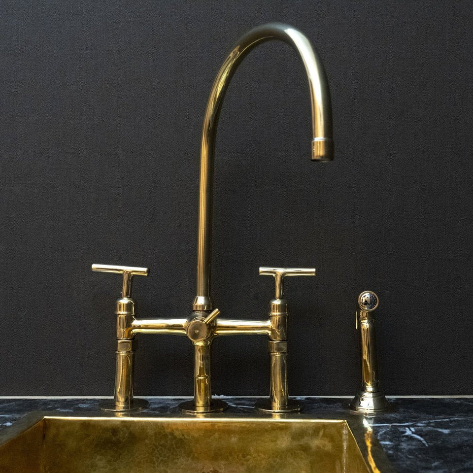 Unlacquered brass 3-hole bridge kitchen faucet with lever handles, front view – Brass For Homes