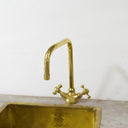 Polished brass bathroom faucet – installed on vanity with basin
