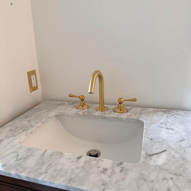 Unlacquered Brass Bathroom Faucet: Widespread 3-Hole Sink Fixture bathroom faucet for bathroom vanities, powder rooms, basin sinks, and vintage-inspired wash spaces - view 1