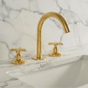 Unlacquered Brass Bathroom Faucet: Widespread 3-Hole Sink Fixture bathroom faucet for bathroom vanities, powder rooms, basin sinks, and vintage-inspired wash spaces - view 5