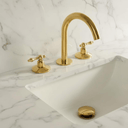 Unlacquered Brass Bathroom Faucet: Widespread 3-Hole Sink Fixture bathroom faucet for bathroom vanities, powder rooms, basin sinks, and vintage-inspired wash spaces - view 6