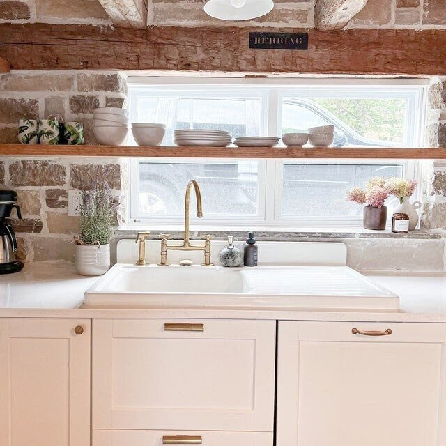 Unlacquered Brass Bridge Faucet With Short Legs kitchen faucet for kitchen sinks, prep sinks, bridge faucet layouts, and farmhouse kitchens