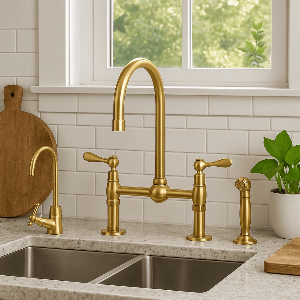 Unlacquered Brass Bridge Kitchen Faucet Set with Sprayer kitchen faucet for kitchen sinks, prep sinks, bridge faucet layouts, and farmhouse kitchens - view 1