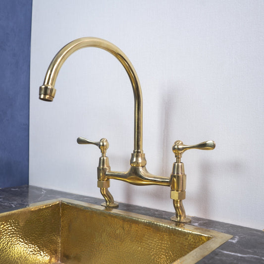 Unlacquered Brass Curved Legs Bridge Faucet - Brass For Homes - kitchen - faucets