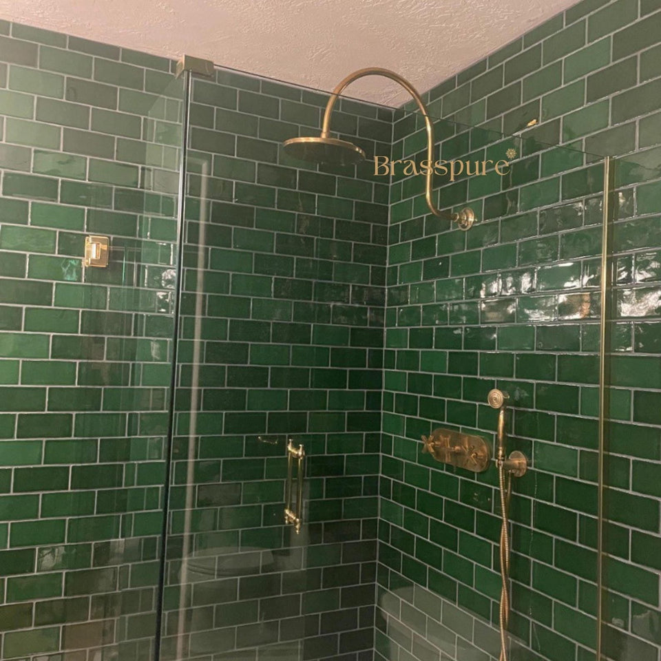 Unlacquered Brass Curved Shower System shower system for primary bathrooms, guest bathrooms, walk-in showers, and classic bath renovations - view 1