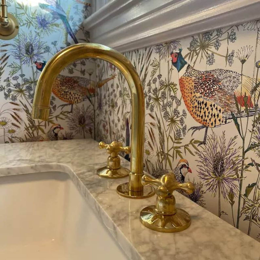 Unlacquered Brass Deck Mounted Bathroom Faucet bathroom faucet for bathroom vanities, powder rooms, basin sinks, and vintage-inspired wash spaces - view 1