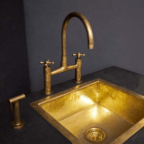 Unlacquered Brass Kitchen Bridge Faucet With Sprayer & Cross Handles - Brass For Homes - kitchen - faucets