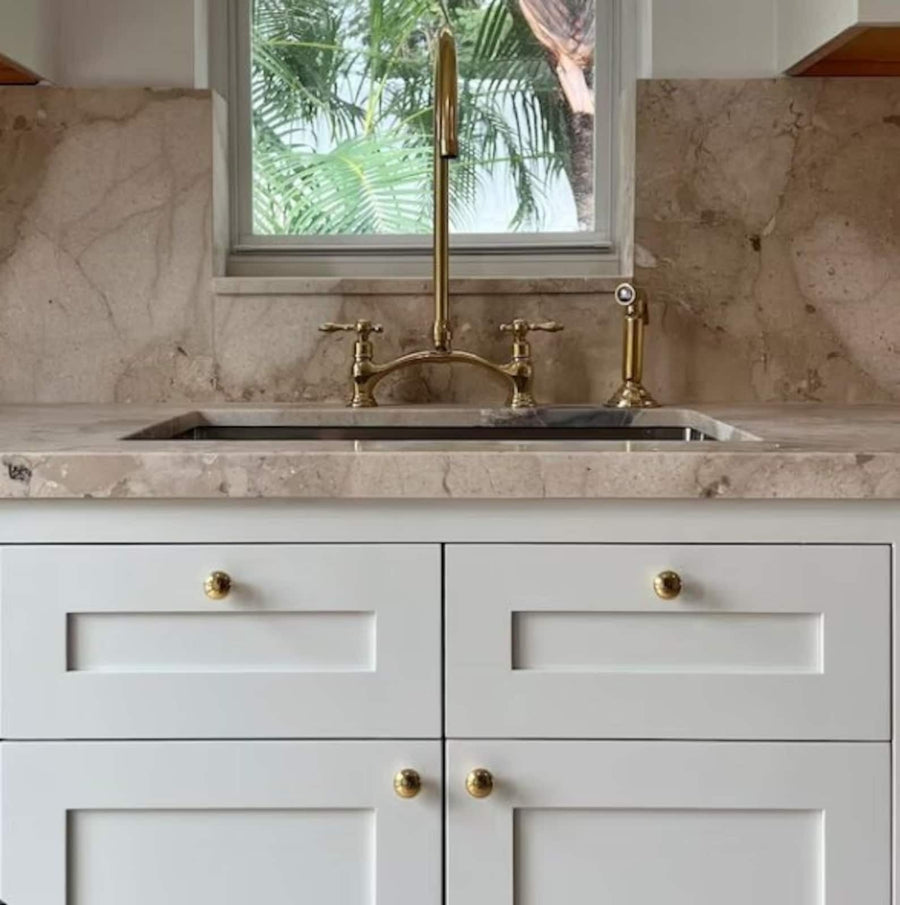 Unlacquered Brass Kitchen Faucet - Bridge V home decor accent for entryways, bathrooms, kitchens, shelves, and warm artisan interiors - view 1