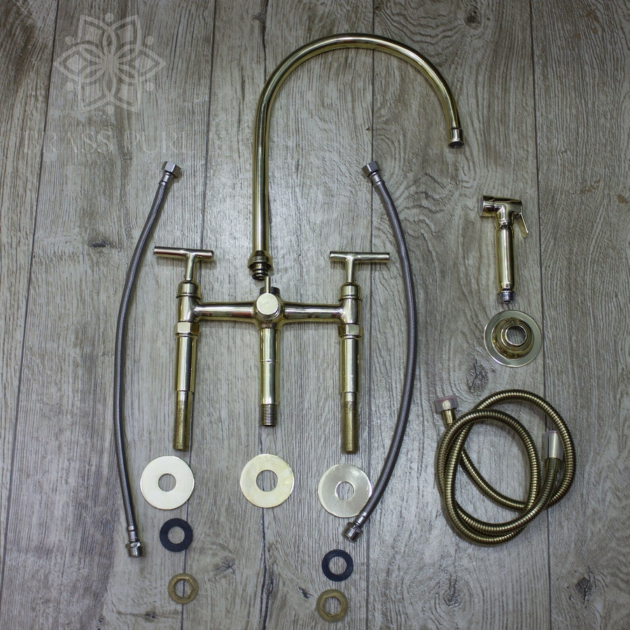 Unlacquered Brass Kitchen Faucet With Sprayer home decor accent for entryways, bathrooms, kitchens, shelves, and warm artisan interiors