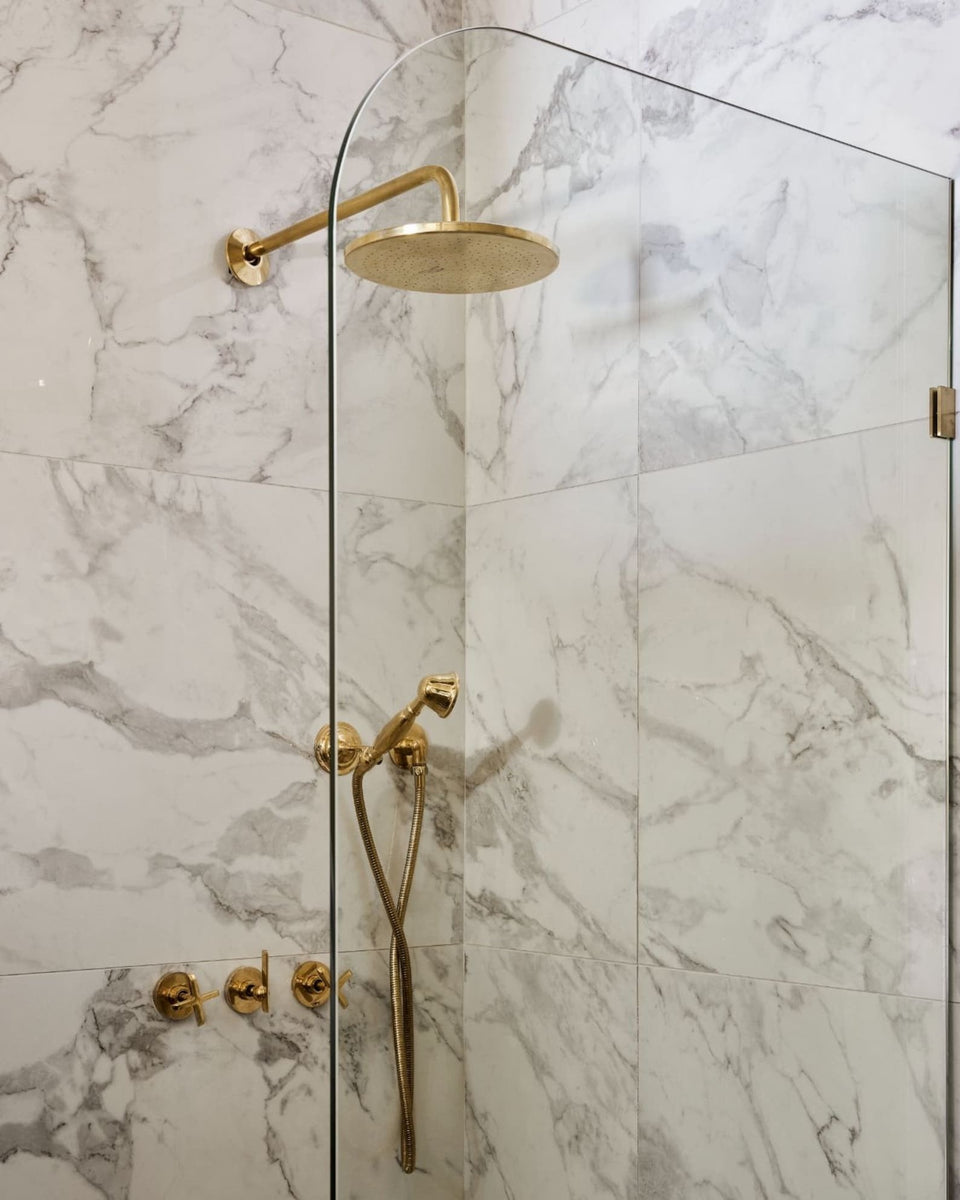Unlacquered Brass Shower Set — Faucet, Handheld & Rainfall Head Shower Systems product photo