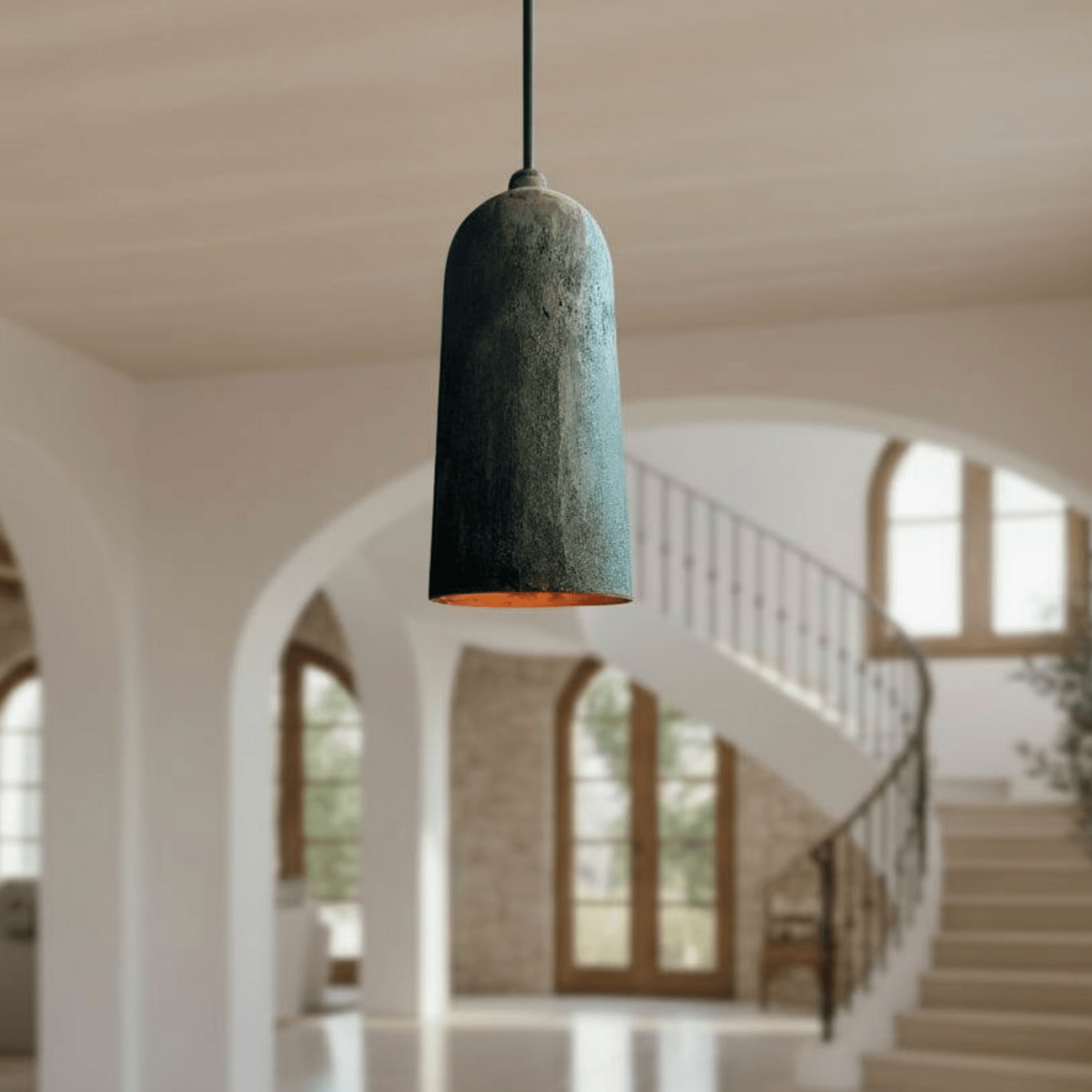 Verdigris Copper Cylinder Pendant – Long Patina Ceiling Light for Kitchens - Brass For Homes - 