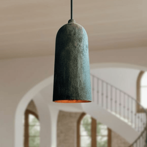 Verdigris Copper Cylinder Pendant – Long Patina Ceiling Light for Kitchens - Brass For Homes - 