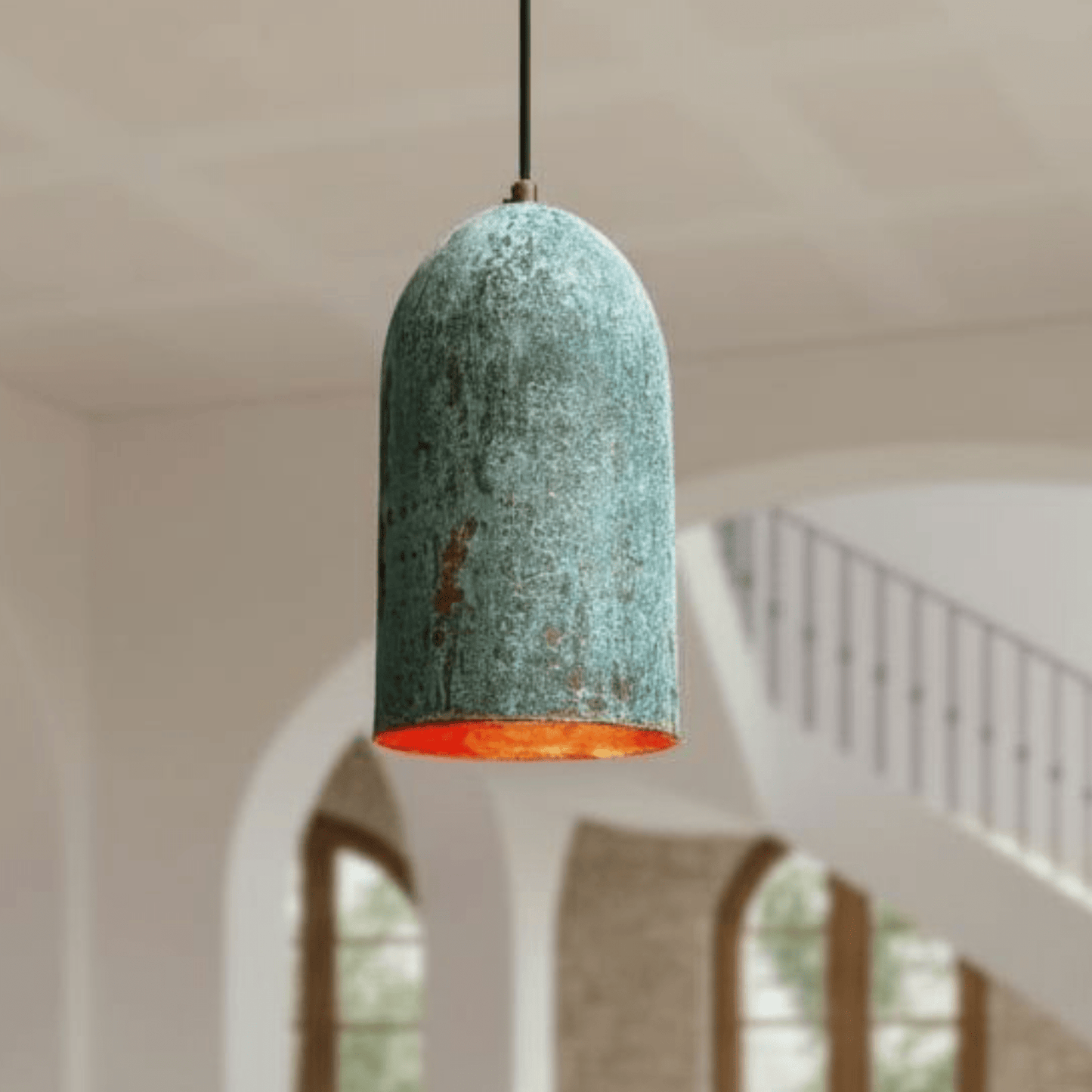 Verdigris Copper Cylinder Pendant – Tall Green Patina Light for Kitchens - Brass For Homes - 