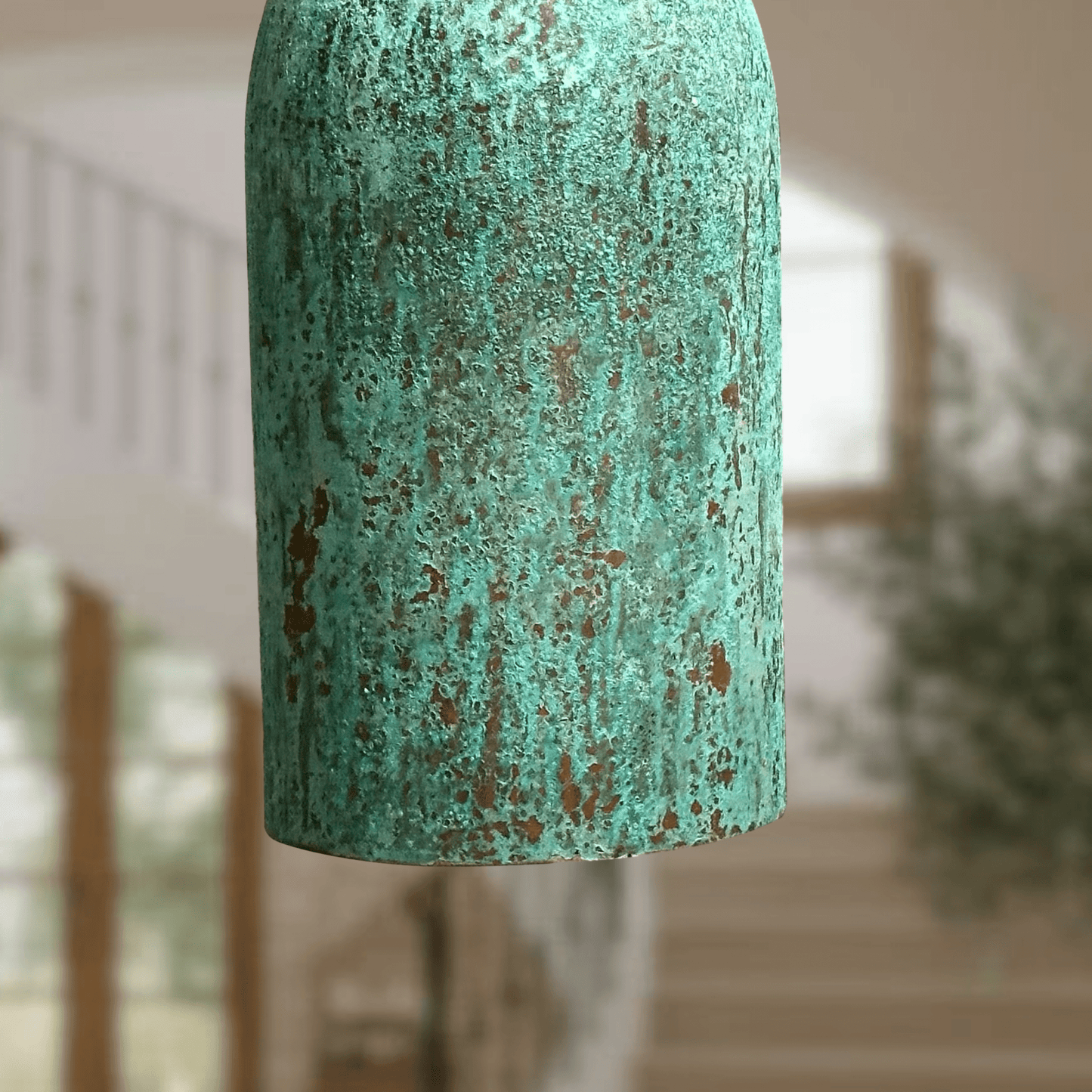 Verdigris Copper Cylinder Pendant – Tall Green Patina Light for Kitchens - Brass For Homes - 