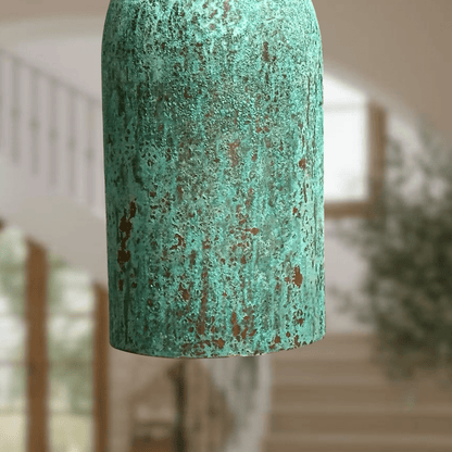 Verdigris Copper Cylinder Pendant – Tall Green Patina Light for Kitchens - Brass For Homes - 