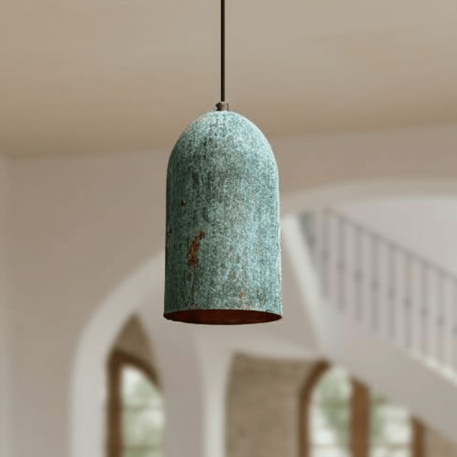 Verdigris Copper Cylinder Pendant – Tall Green Patina Light for Kitchens - Brass For Homes - 