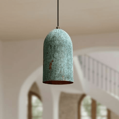Verdigris Copper Cylinder Pendant – Tall Green Patina Light for Kitchens - Brass For Homes - 